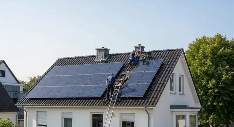 Installateur bei der Wartung einer Solaranlage auf einem Hausdach in Dülmen