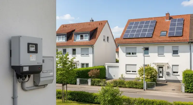 Modern German electrical meter cabinet (Zählerschrank) with smart meter and solar inverter connection, clean technical installation