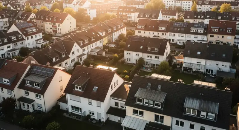 Aerial drone view of typical German residential neighborhood with mixed roof types, red and dark roof tiles, gardens visible, sunny day