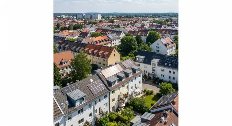 Aerial drone view of typical German residential neighborhood with mixed roof types, red and dark roof tiles, gardens visible, sunny day