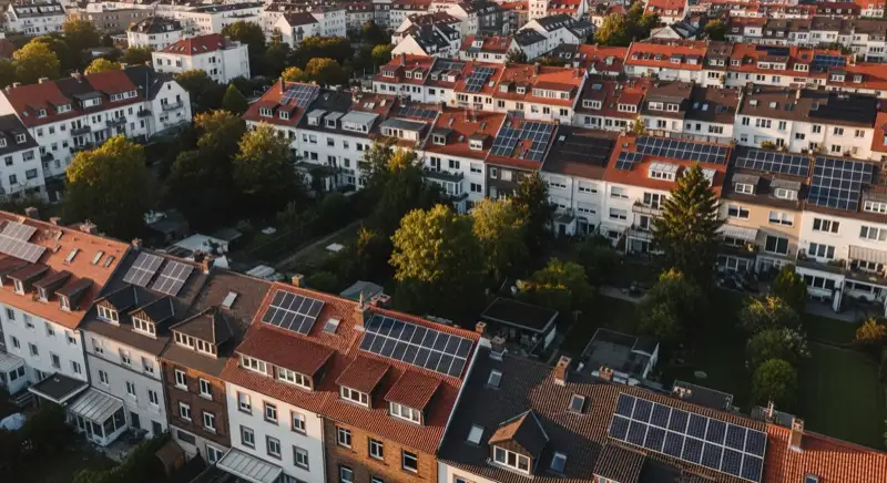 Aerial drone view of typical German residential neighborhood with mixed roof types, red and dark roof tiles, gardens visible, sunny day