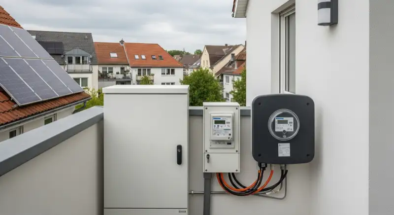 Modern German electrical meter cabinet (Zählerschrank) with smart meter and solar inverter connection, clean technical installation