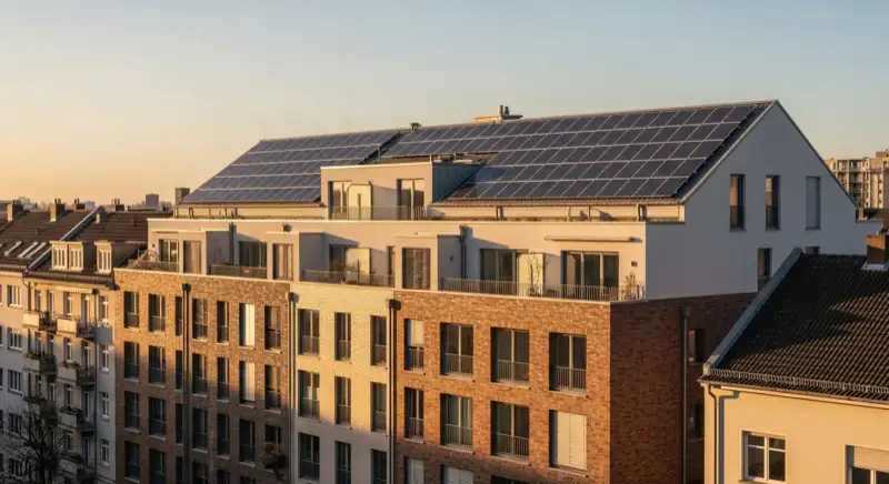 Düsseldorfer Wohngebäude mit Solaranlage auf dem Dach in einem typischen Stadtteil