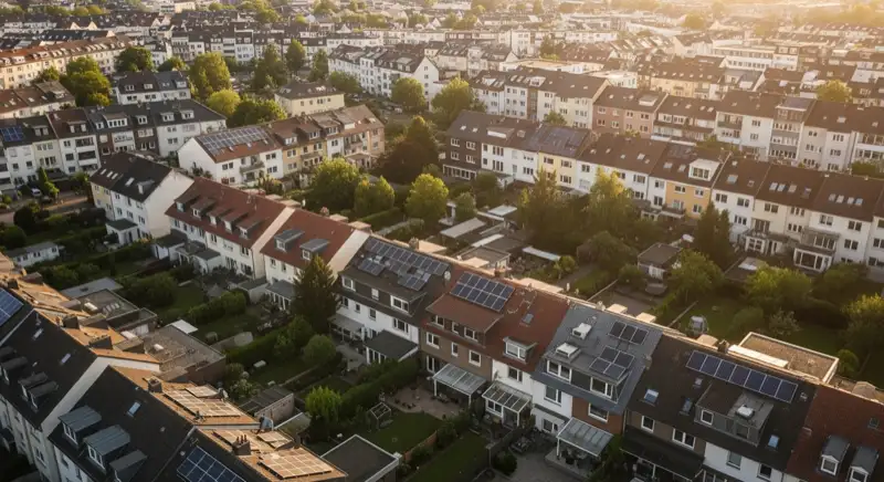 Aerial drone view of typical German residential neighborhood with mixed roof types, red and dark roof tiles, gardens visible, sunny day