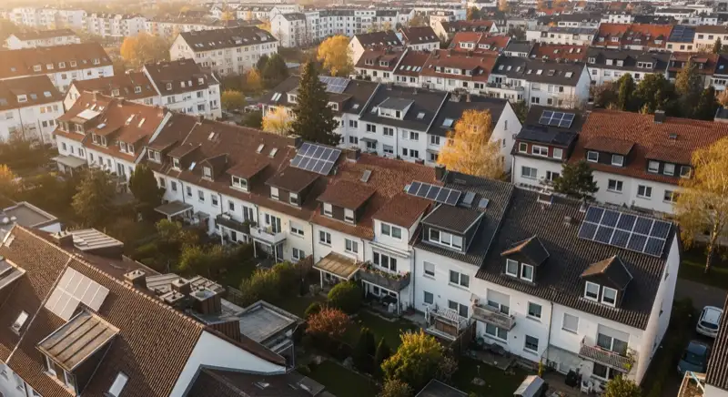 Aerial drone view of typical German residential neighborhood with mixed roof types, red and dark roof tiles, gardens visible, sunny day