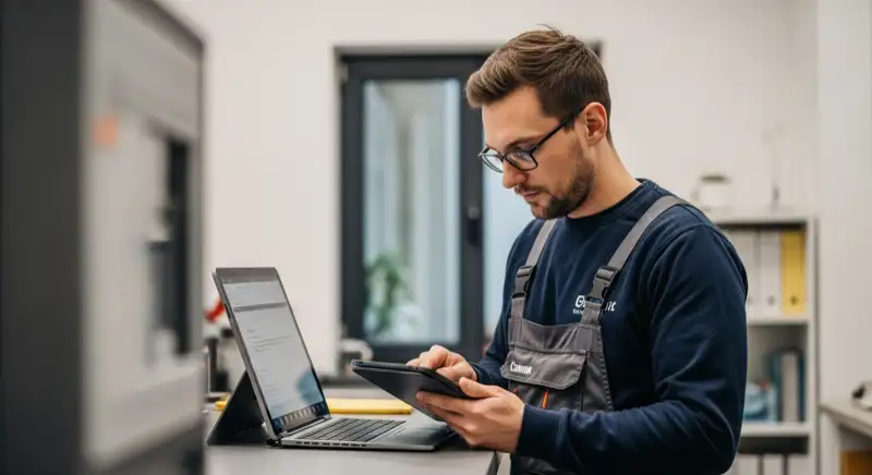 Solartechniker installiert Module auf einem Duisburger Hausdach