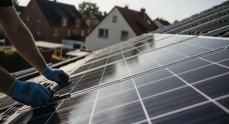 Installateur montiert Solarmodule auf einem geneigten Dach in Eberswalde