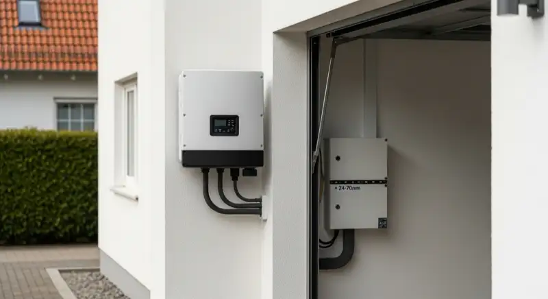 Modern solar inverter mounted on garage wall next to electrical panel, clean professional installation, natural daylight