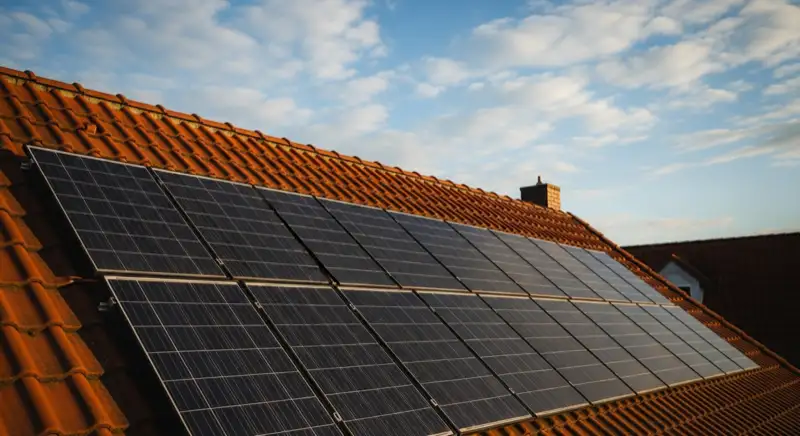 Close-up of photovoltaic solar panels installed on a traditional German Satteldach (gabled roof), blue sky with some clouds