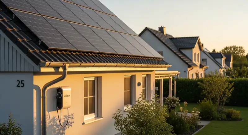 Wallbox an einem Einfamilienhaus in Eberswalde mit Solardach im Hintergrund