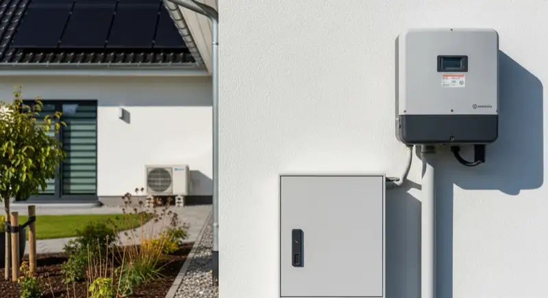 Modern German electrical meter cabinet (Zählerschrank) with smart meter and solar inverter connection, clean technical installation