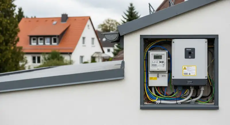 Modern German electrical meter cabinet (Zählerschrank) with smart meter and solar inverter connection, clean technical installation
