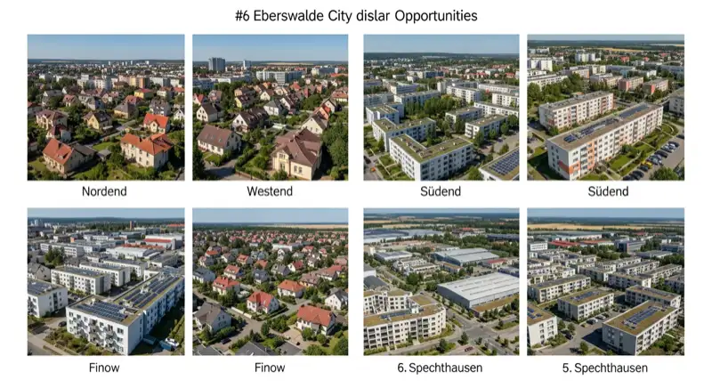 Aerial drone view of typical German residential neighborhood with mixed roof types, red and dark roof tiles, gardens visible, sunny day