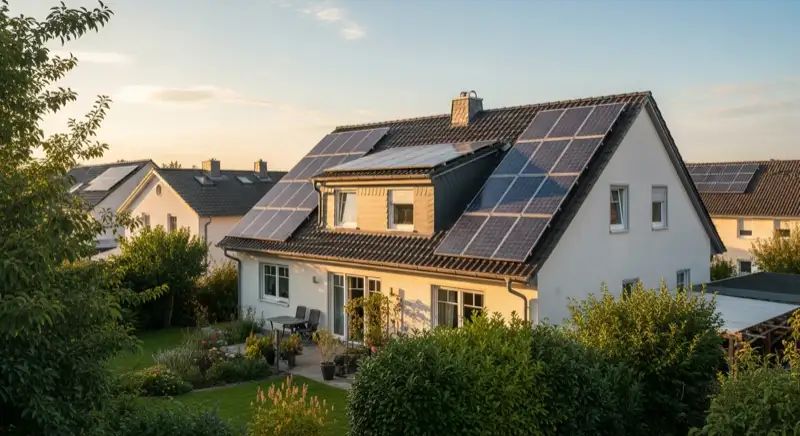 German detached house (Einfamilienhaus) with photovoltaic panels on pitched roof, well-maintained garden, warm afternoon sunlight