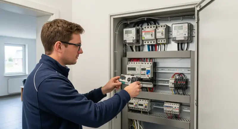 Installateur prüft einen Zählerschrank in einem Eisenacher Wohnhaus