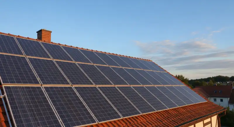 Close-up of photovoltaic solar panels installed on a traditional German Satteldach (gabled roof), blue sky with some clouds