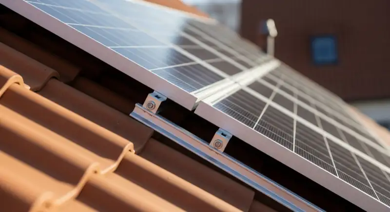 Installateur prüft eine Photovoltaikanlage auf einem geneigten Dach in Eisenach