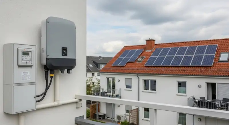 Modern German electrical meter cabinet (Zählerschrank) with smart meter and solar inverter connection, clean technical installation