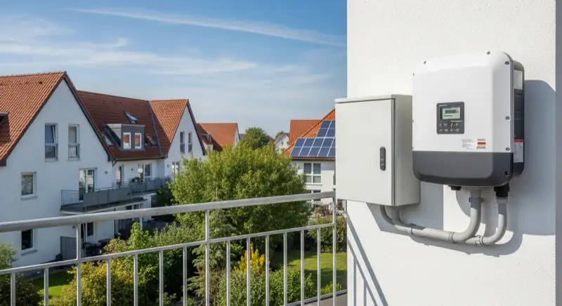 Modern German electrical meter cabinet (Zählerschrank) with smart meter and solar inverter connection, clean technical installation