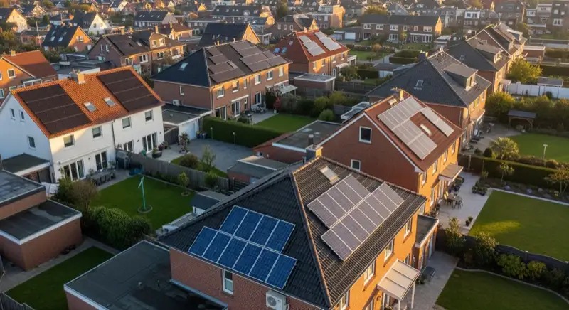 Aerial drone view of typical German residential neighborhood with mixed roof types, red and dark roof tiles, gardens visible, sunny day