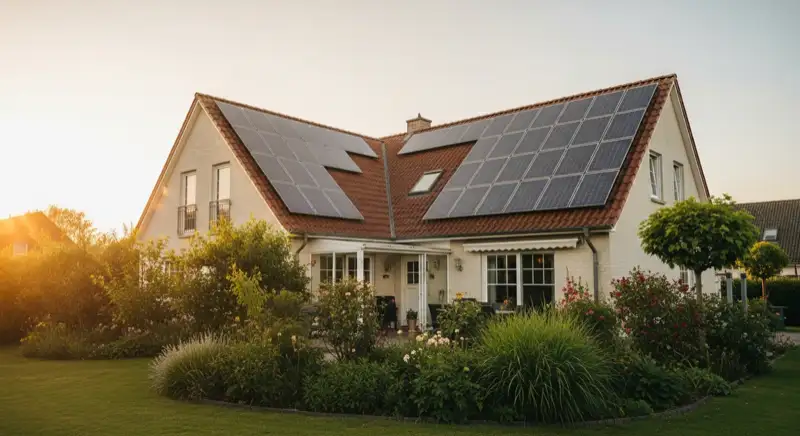 German detached house (Einfamilienhaus) with photovoltaic panels on pitched roof, well-maintained garden, warm afternoon sunlight