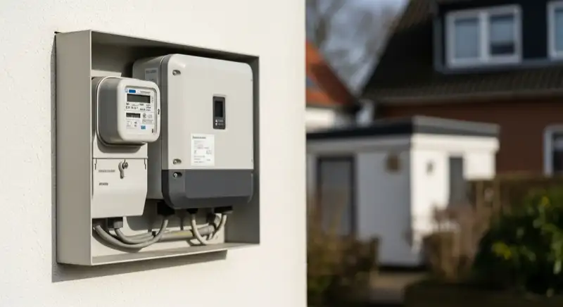 Modern German electrical meter cabinet (Zählerschrank) with smart meter and solar inverter connection, clean technical installation