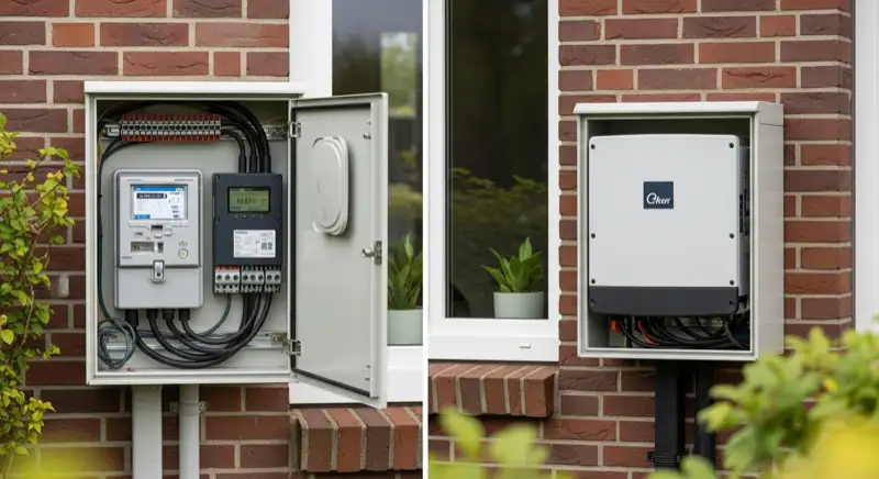 Modern German electrical meter cabinet (Zählerschrank) with smart meter and solar inverter connection, clean technical installation