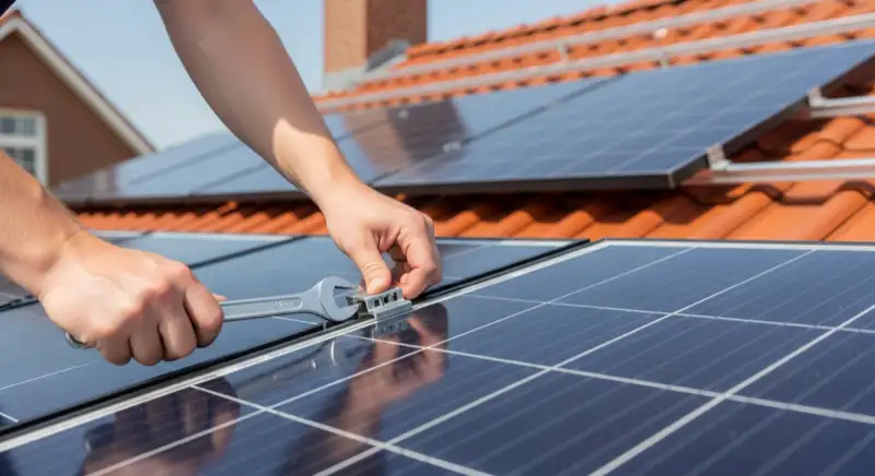 Installateur montiert Solarmodule auf Einfamilienhaus-Dach in Emden