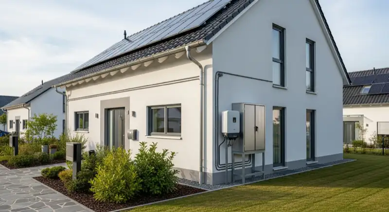 Modern German electrical meter cabinet (Zählerschrank) with smart meter and solar inverter connection, clean technical installation
