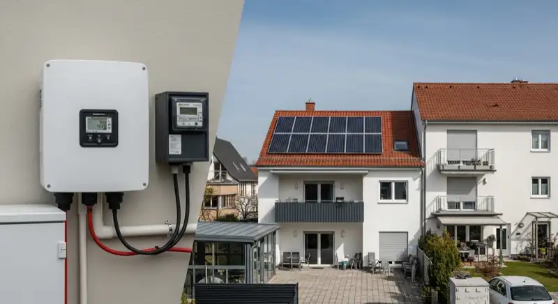 Modern German electrical meter cabinet (Zählerschrank) with smart meter and solar inverter connection, clean technical installation