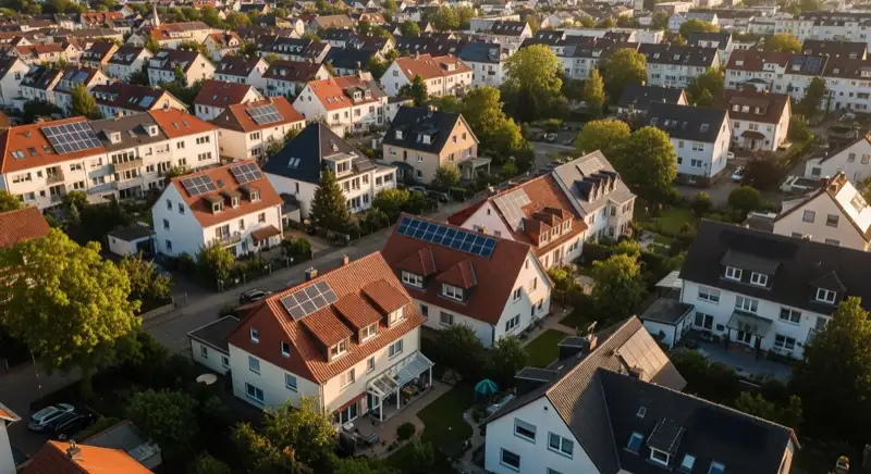 Aerial drone view of typical German residential neighborhood with mixed roof types, red and dark roof tiles, gardens visible, sunny day