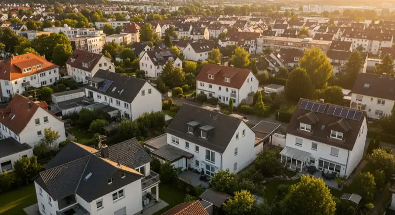 Aerial drone view of typical German residential neighborhood with mixed roof types, red and dark roof tiles, gardens visible, sunny day