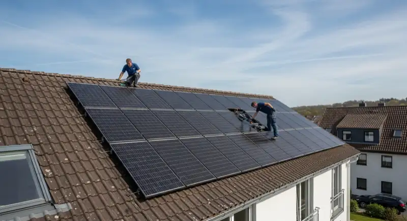 Servicetechniker bei Wartungsarbeiten an Solaranlage auf Erfurter Hausdach