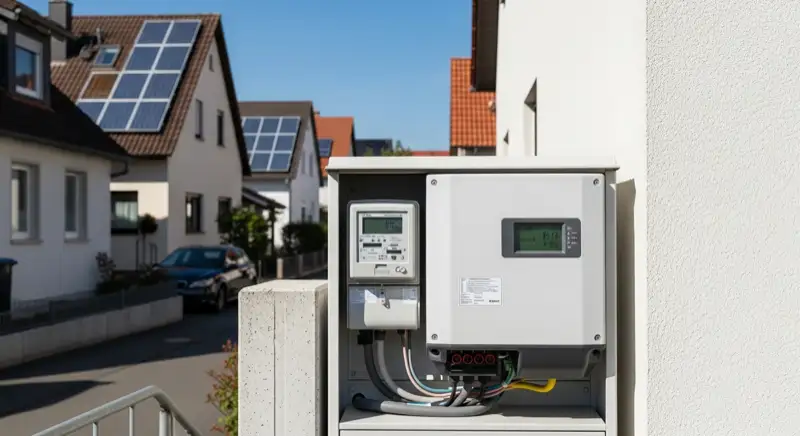 Modern German electrical meter cabinet (Zählerschrank) with smart meter and solar inverter connection, clean technical installation