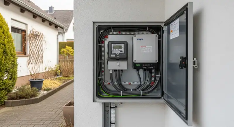 Modern German electrical meter cabinet (Zählerschrank) with smart meter and solar inverter connection, clean technical installation