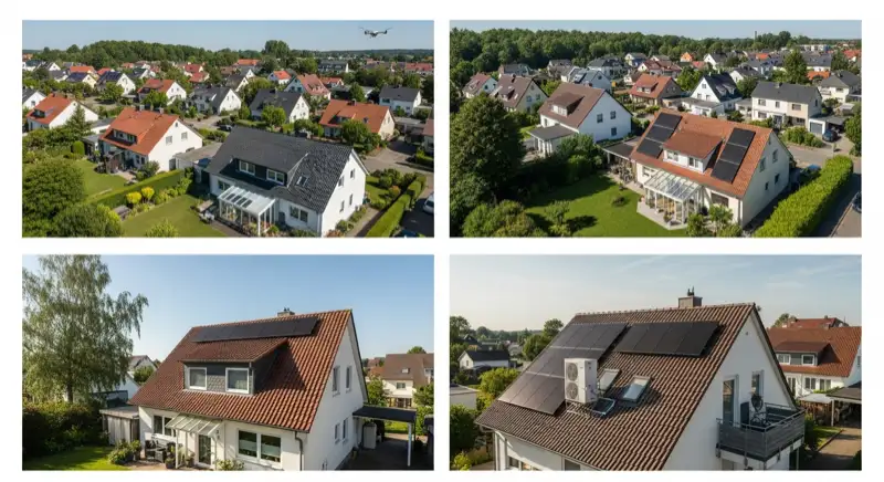 Aerial drone view of typical German residential neighborhood with mixed roof types, red and dark roof tiles, gardens visible, sunny day