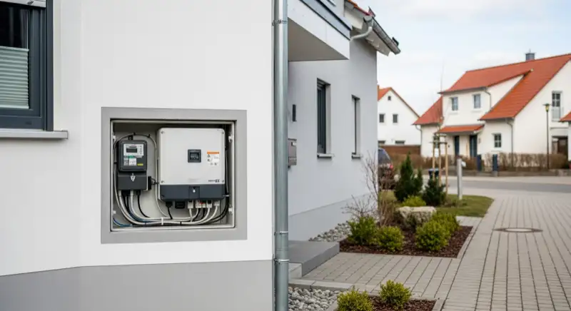 Modern German electrical meter cabinet (Zählerschrank) with smart meter and solar inverter connection, clean technical installation