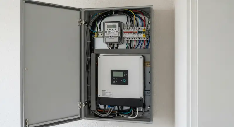 Modern German electrical meter cabinet (Zählerschrank) with smart meter and solar inverter connection, clean technical installation