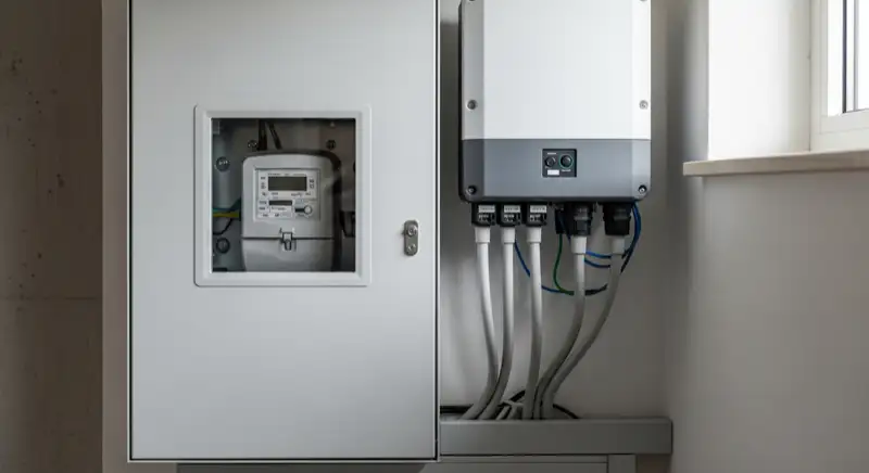 Modern German electrical meter cabinet (Zählerschrank) with smart meter and solar inverter connection, clean technical installation