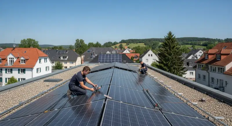 Installateur bei der professionellen Wartung einer Solaranlage auf einem Dach in Erkelenz