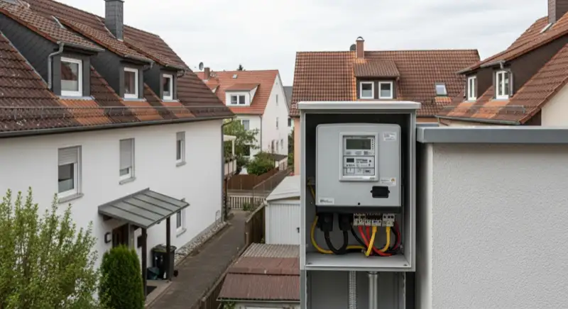 Modern German electrical meter cabinet (Zählerschrank) with smart meter and solar inverter connection, clean technical installation
