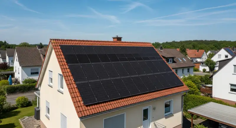 Fertig installierte Solaranlage auf Einfamilienhaus-Dach in Erlangen mit blauem Himmel