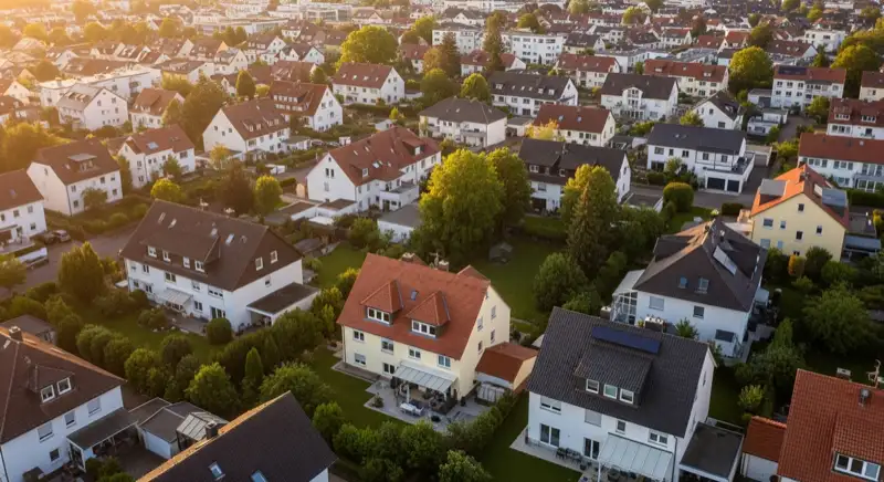 Aerial drone view of typical German residential neighborhood with mixed roof types, red and dark roof tiles, gardens visible, sunny day
