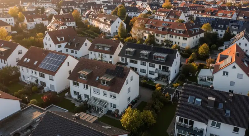 Aerial drone view of typical German residential neighborhood with mixed roof types, red and dark roof tiles, gardens visible, sunny day