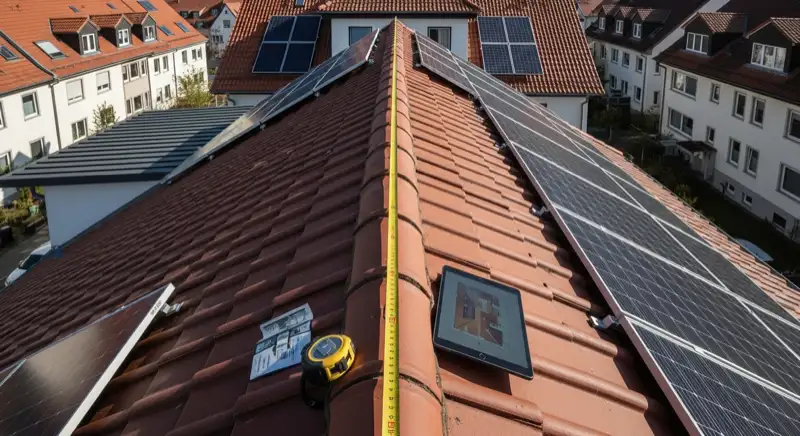 Solarinstallateur vermisst Dach in Erlangen mit Maßband und Tablet
