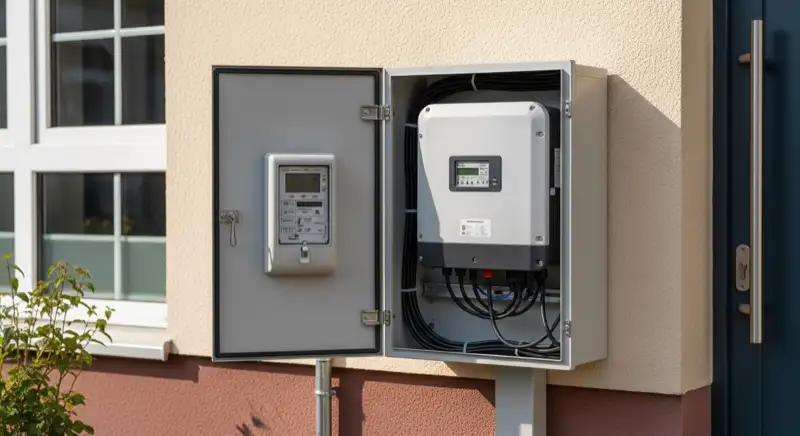 Modern German electrical meter cabinet (Zählerschrank) with smart meter and solar inverter connection, clean technical installation