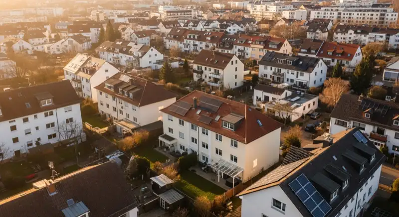 Aerial drone view of typical German residential neighborhood with mixed roof types, red and dark roof tiles, gardens visible, sunny day