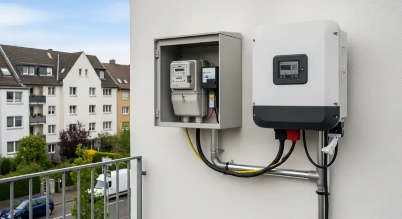 Modern German electrical meter cabinet (Zählerschrank) with smart meter and solar inverter connection, clean technical installation