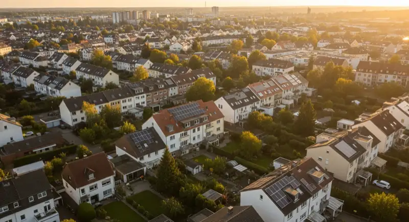Aerial drone view of typical German residential neighborhood with mixed roof types, red and dark roof tiles, gardens visible, sunny day