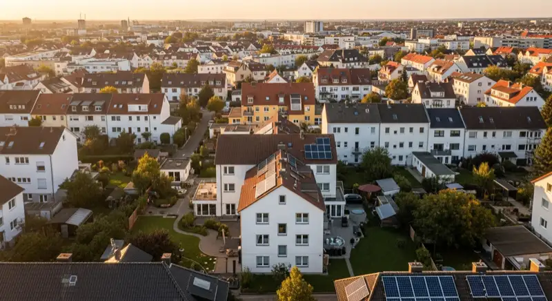 Aerial drone view of typical German residential neighborhood with mixed roof types, red and dark roof tiles, gardens visible, sunny day